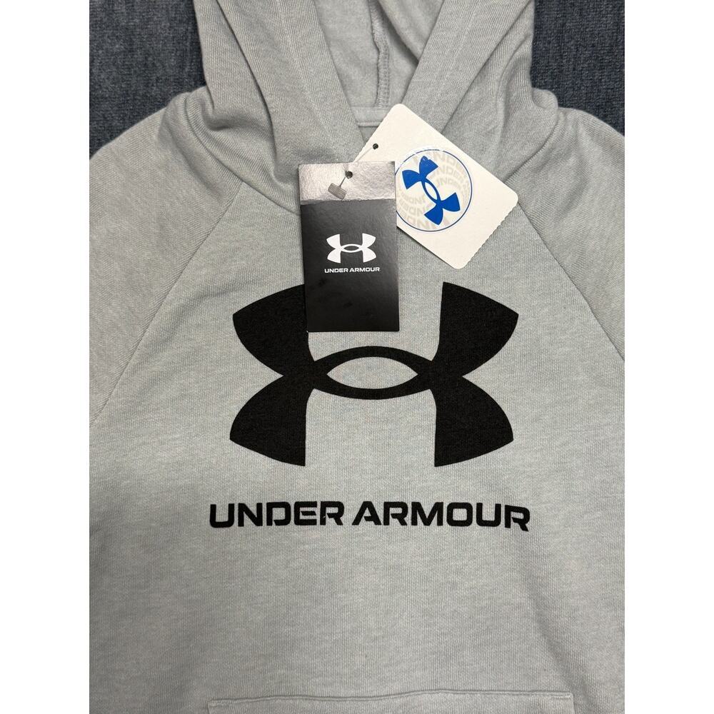 NWT Under Armour Rival Big Logo Fleece Hoodie Boys Small Light Grey Long Sleeve - Picture 2 of 9